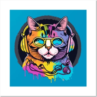 t-shirt design, colorful cat with headphones on, graffiti art psychedelic art, black background, synthwave, colorful Posters and Art